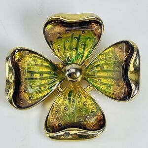 Vintage Enamel Four Leaf Clover Dogwood Flower Brooch Pin Gold Tone Green 1.75"